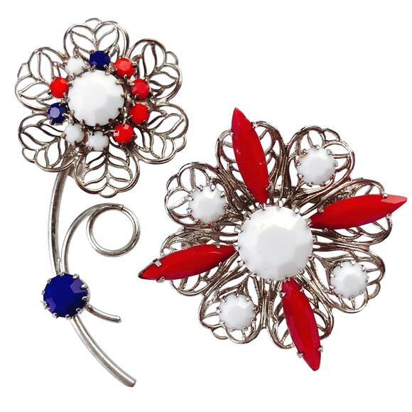 VTG Mid Century Brooch Red White Blue Glass Floral Lot Silver Tone 50s 60s Pin - Picture 1 of 11